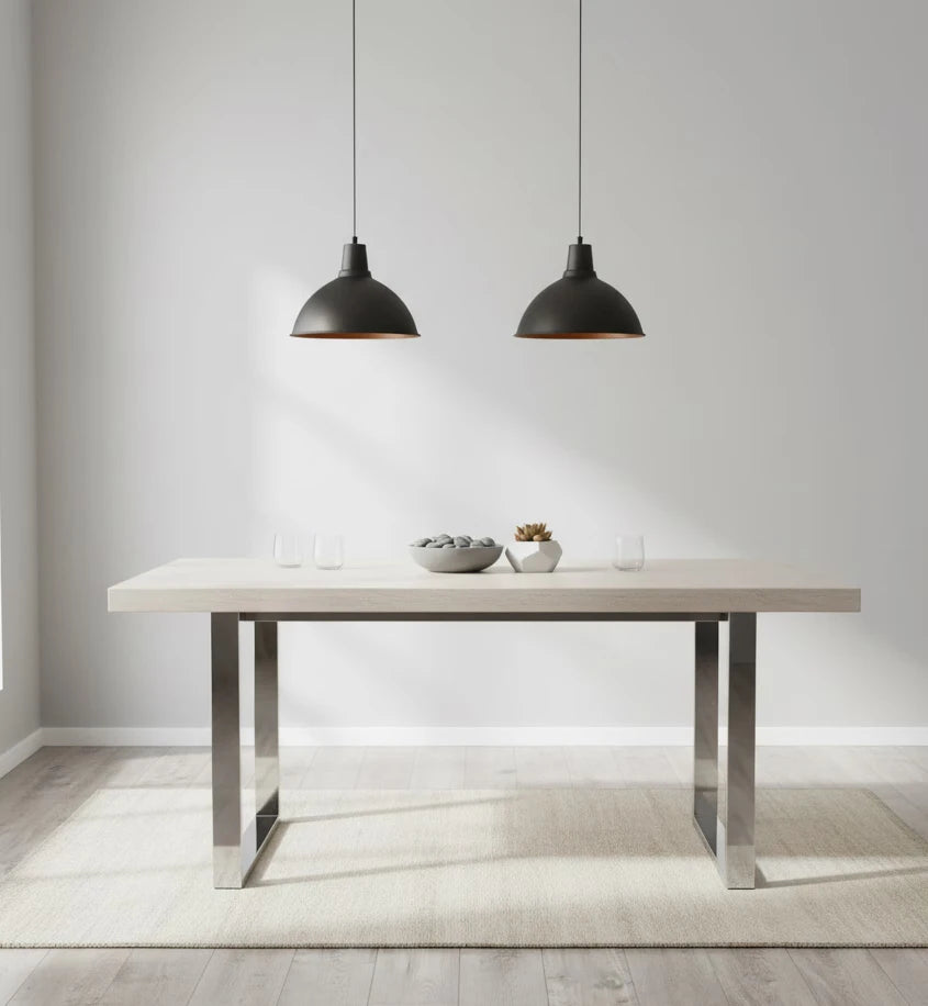 Wooden Dining Table with Chrome Legs in a minimalist room