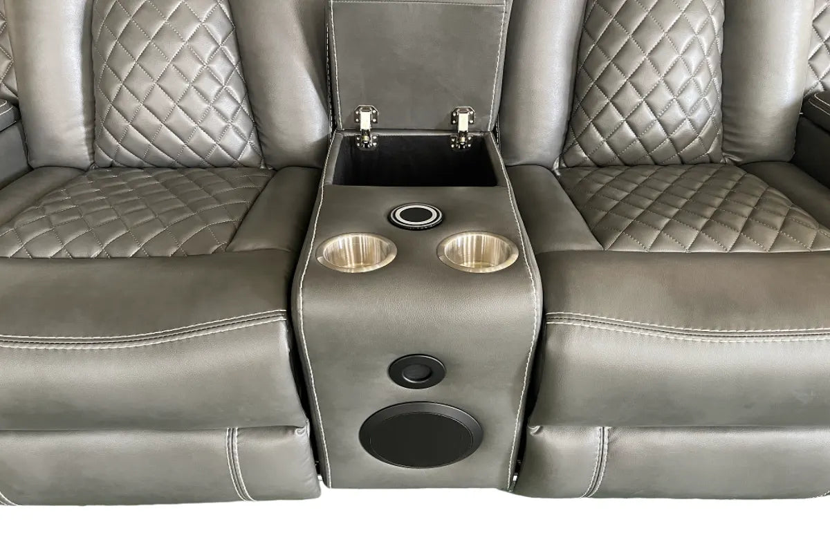 grey reclining sofa with cup holders