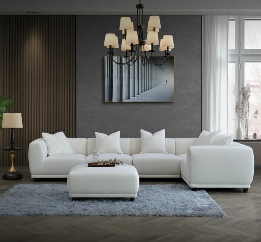 White Corner Sofa Set with Footstool