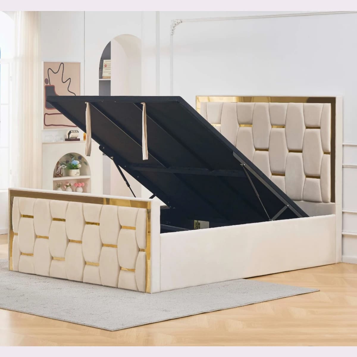 Luxury Ottoman Bed with Gold Strip Design