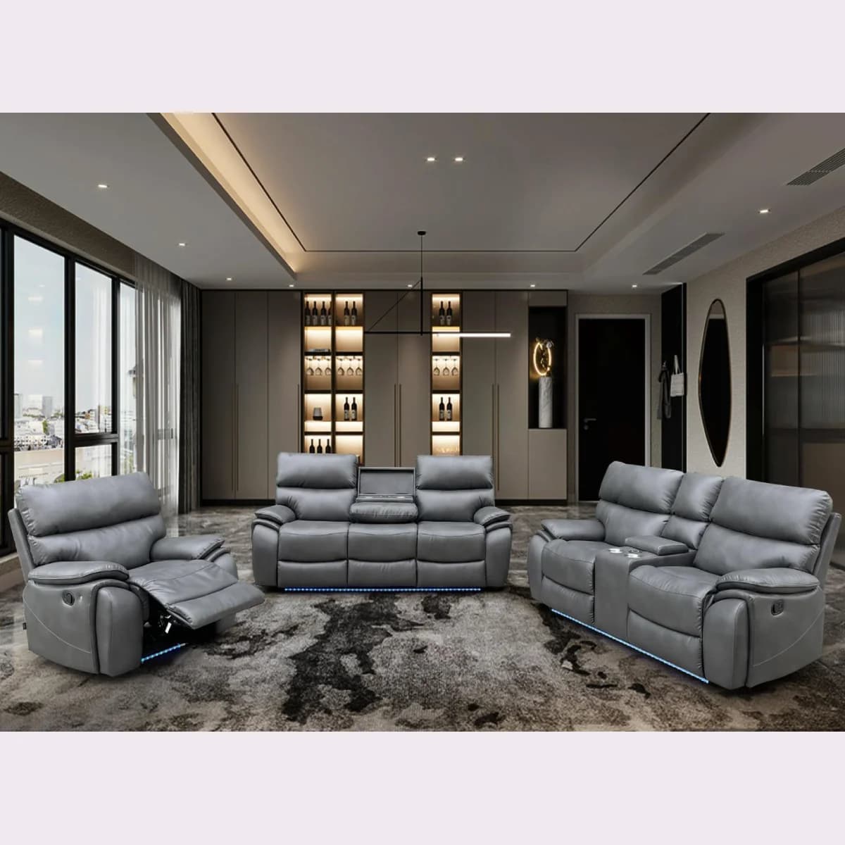 Grey Leather Electric Recliner Sofa