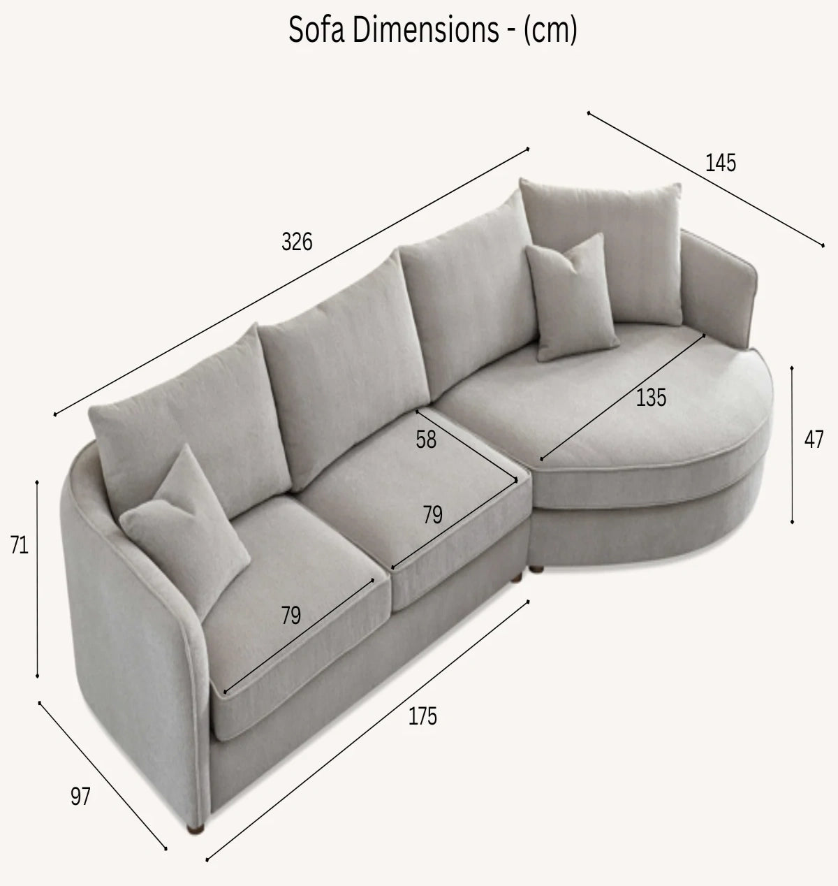 curved chaise sofa with dimensions