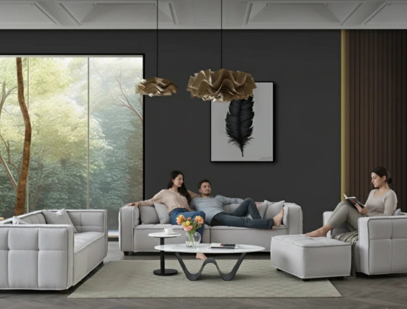 A family relaxing on neutral sofas