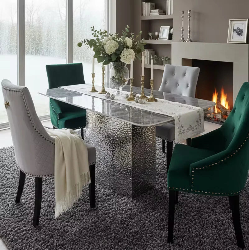 marble dining top in a high-end winter room