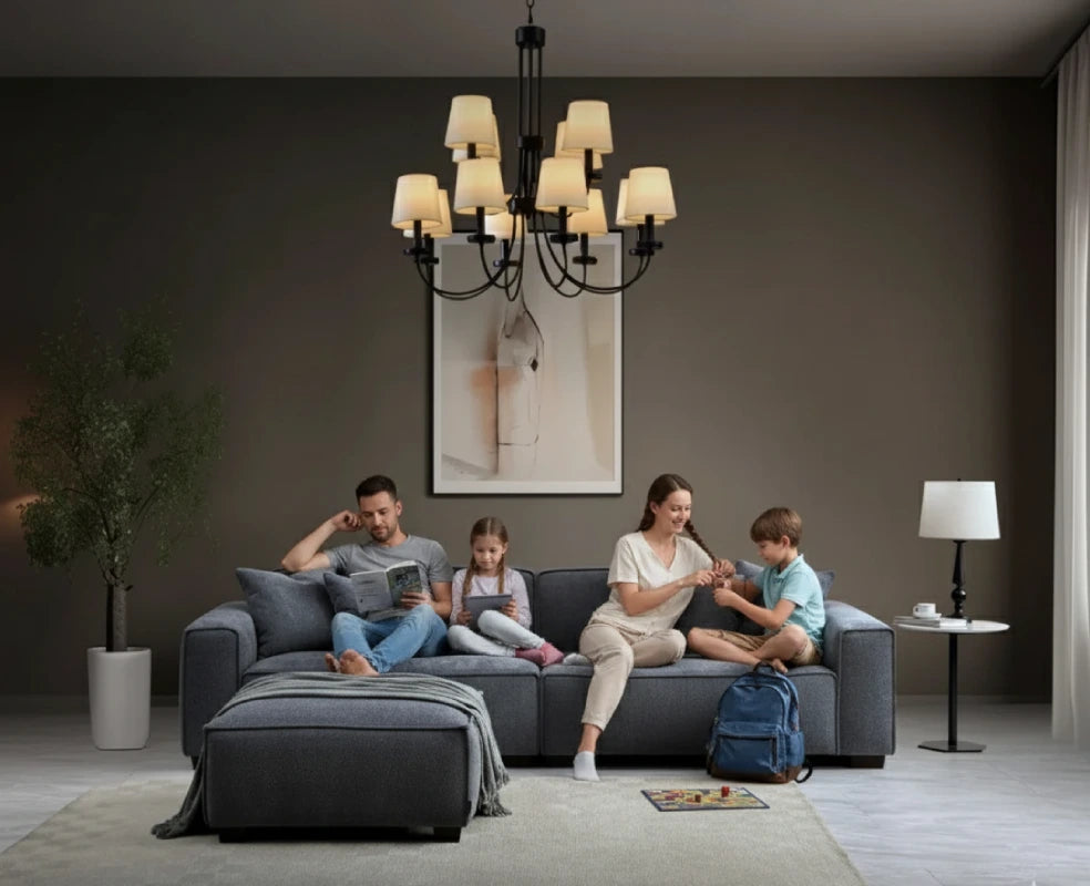 Family sitting on a sofa in the living room