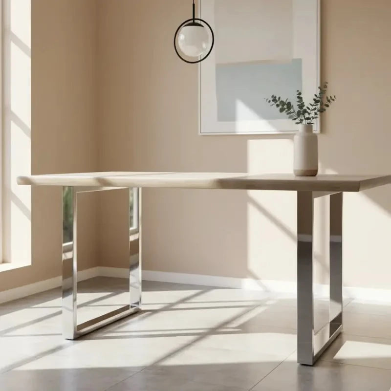 Wooden Dining Table with Chrome Legs near the window