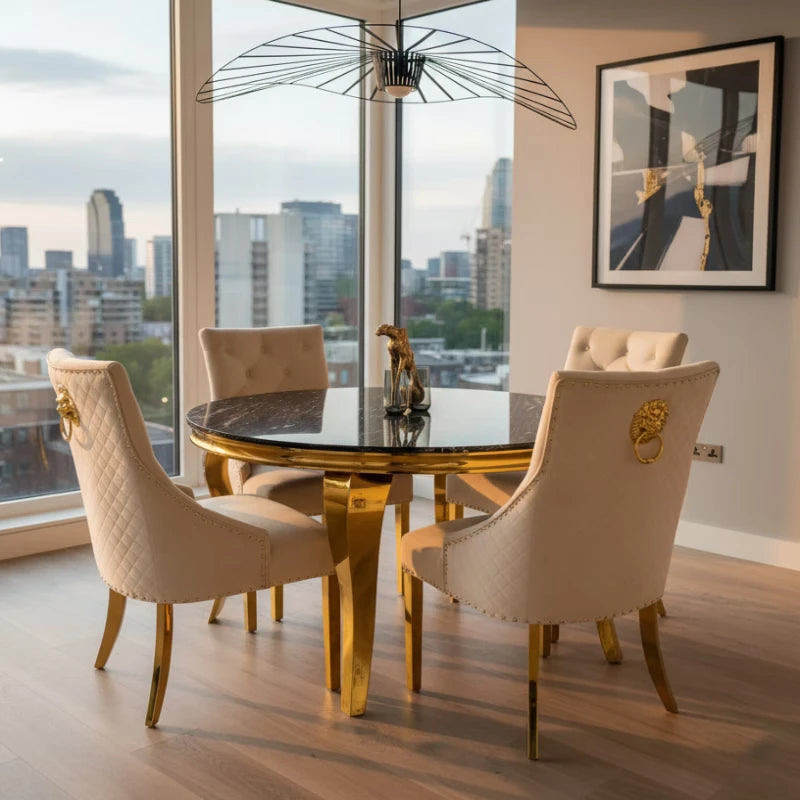 Marble Dining Table with Gold Legs in a city landscape