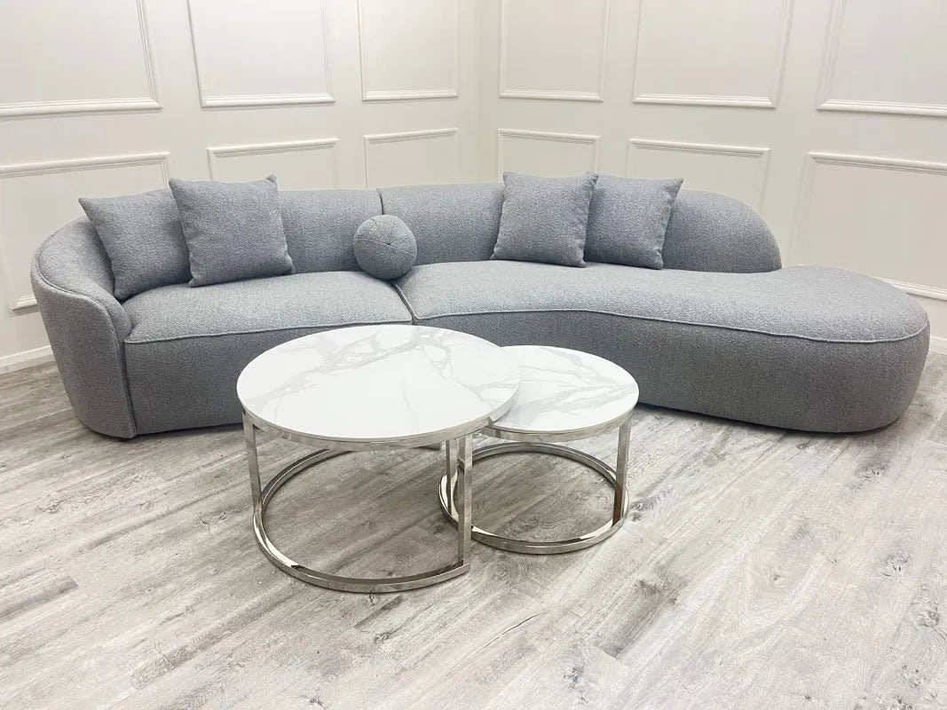 Curved Cinema Boucle Sofa with a set coffee table in
