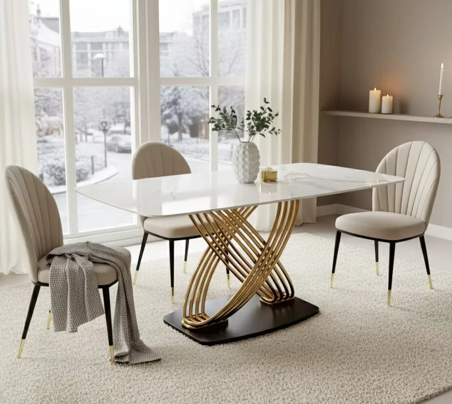 Luxury Dining Table with Interlinking Gold Rings in a winter home