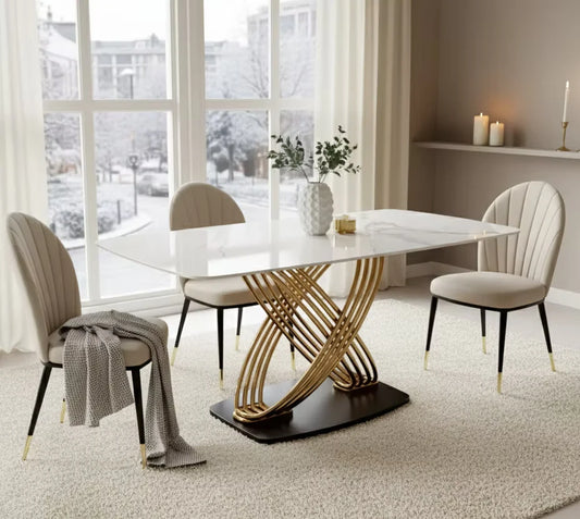 Luxury Dining Table with Interlinking Gold Rings in a winter home