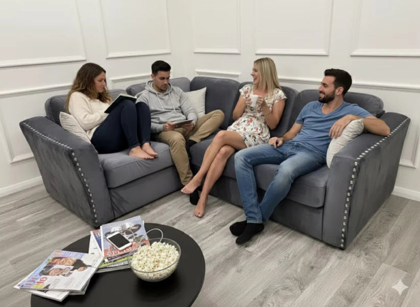 people sitting on a 4 seater corner sofa at home