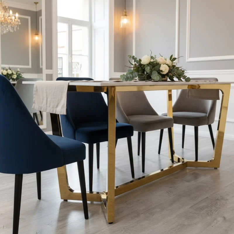 Angled view of a Gold Dining Table