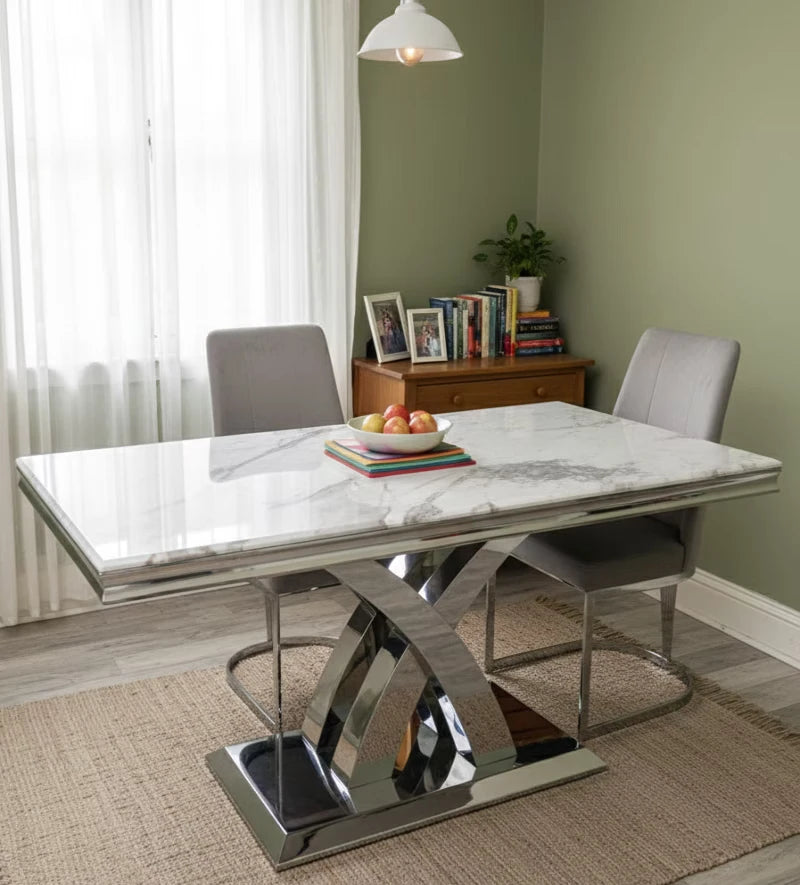 Dining table with marble top in modest home