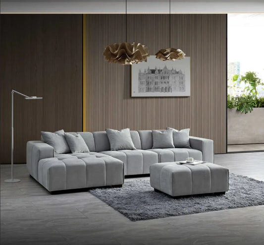 grey left hand corner sofa in a living room