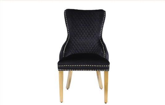 Pair of 2 Victoria Black & Gold Dining Chairs – Modern Luxury Dining Room Seating front view