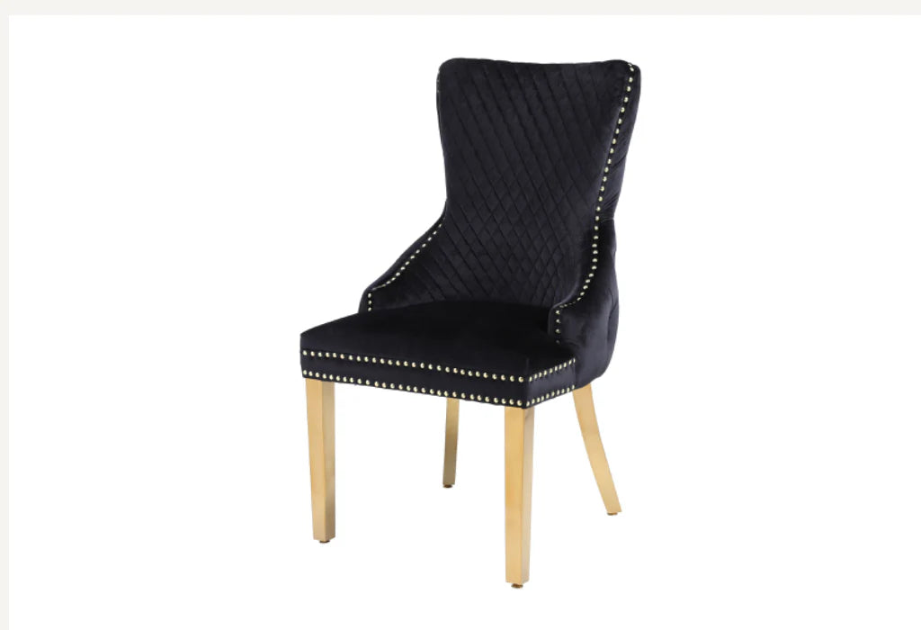 Pair of 2 Victoria Black & Gold Dining Chairs – Modern Luxury Dining Room Seating front