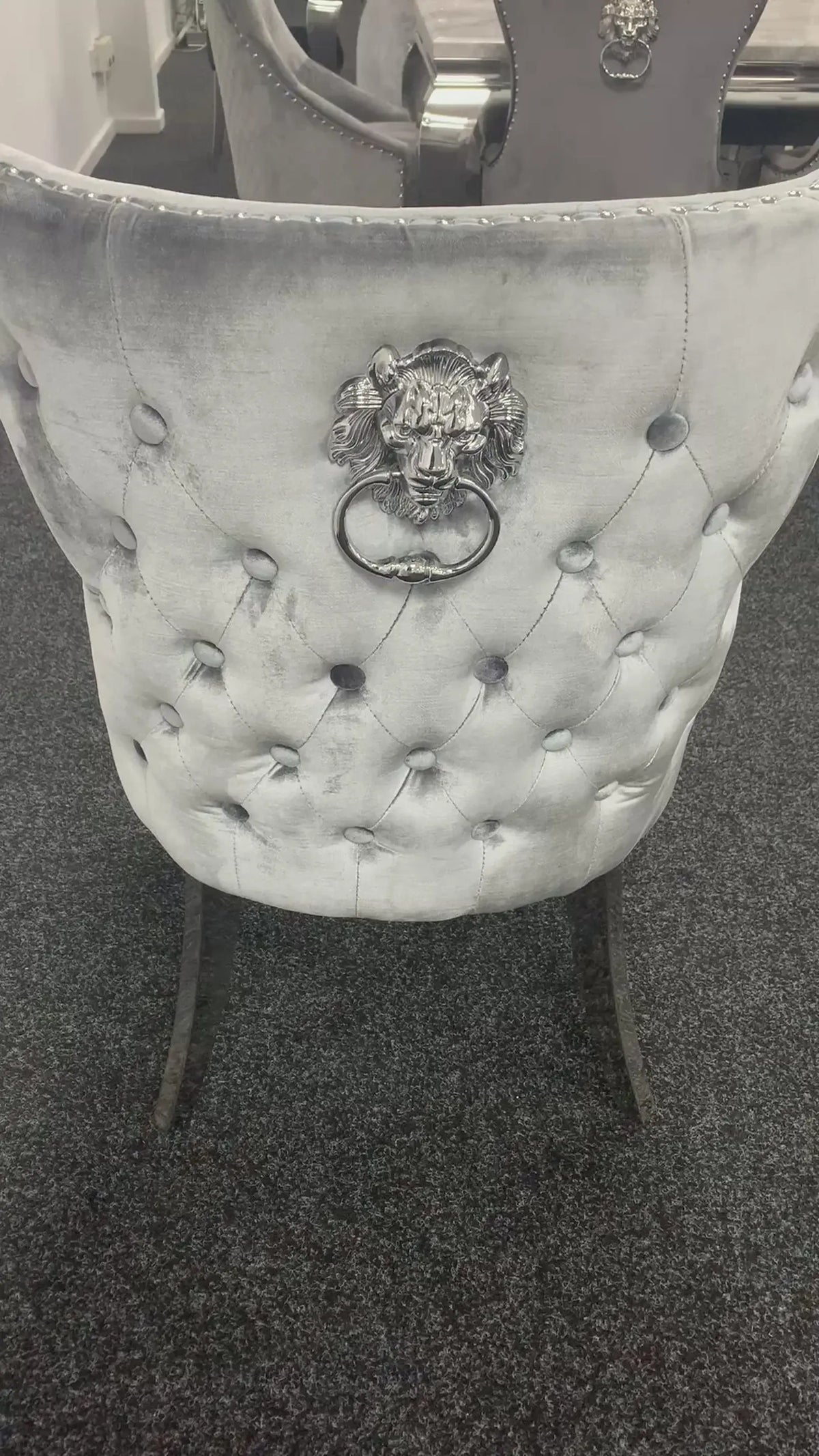 Pair Of 2 Valentino Light Grey – Silver Lion Knocker Chairs 3