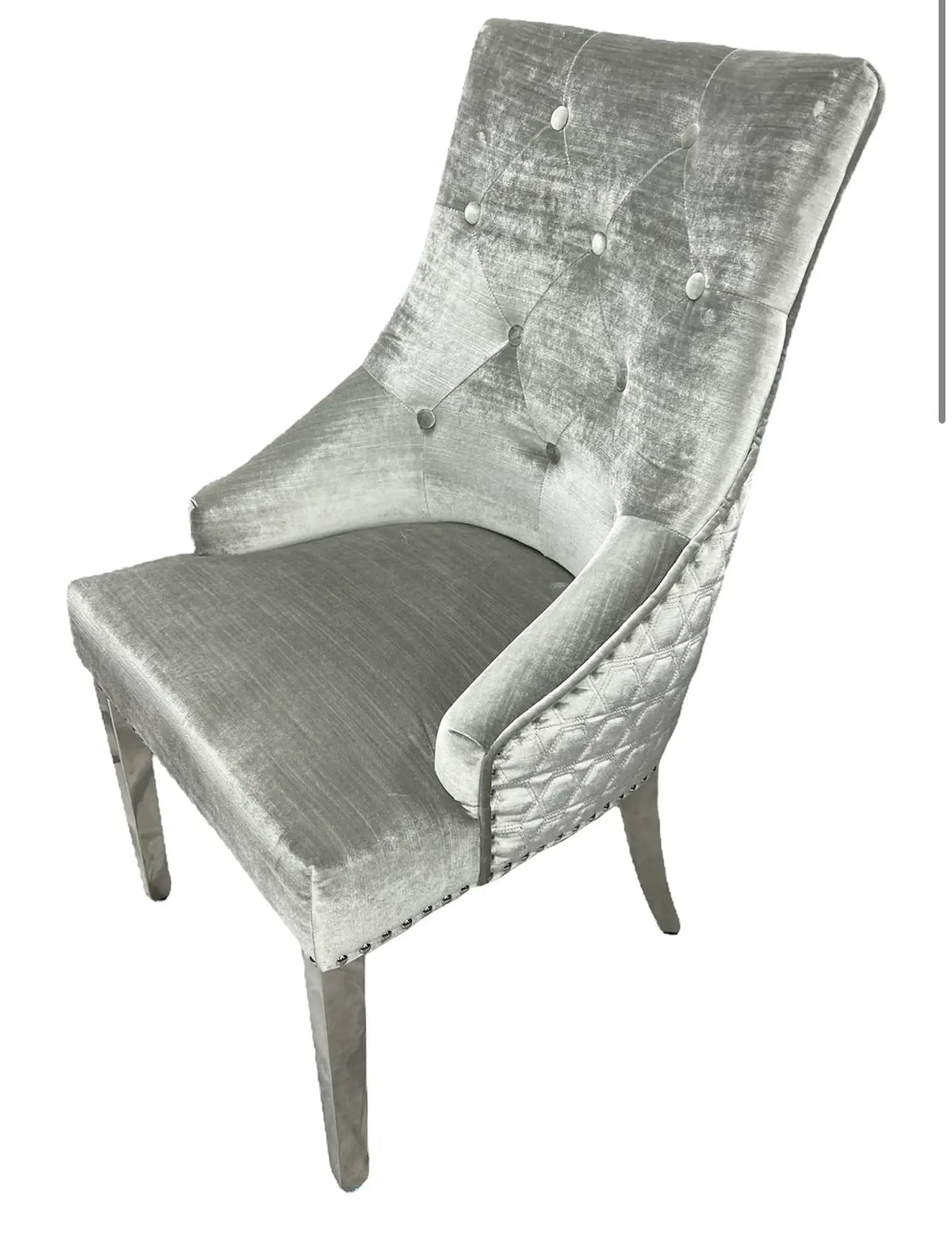 grey and silver dining chairs front view