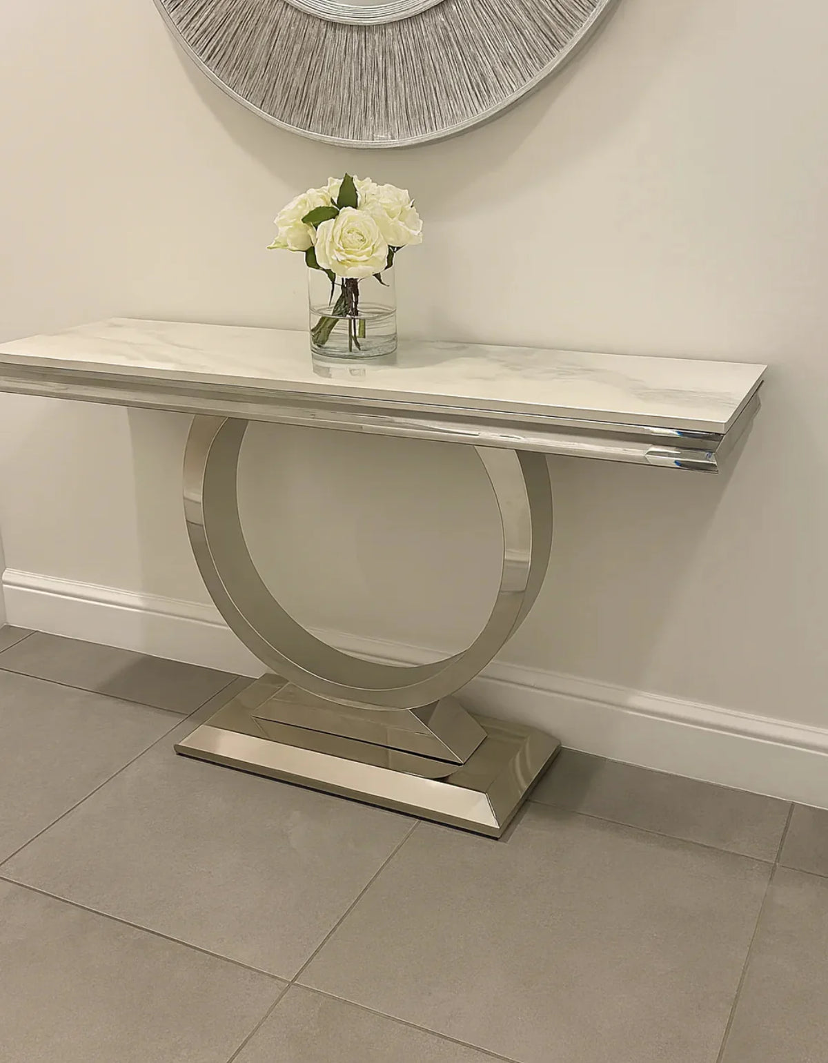 white marble console table with flower