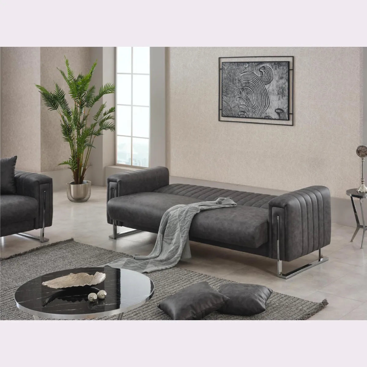 Grey sofa in suede