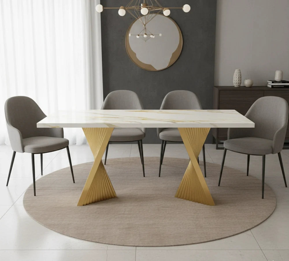 marble dining table with gold legs in dining