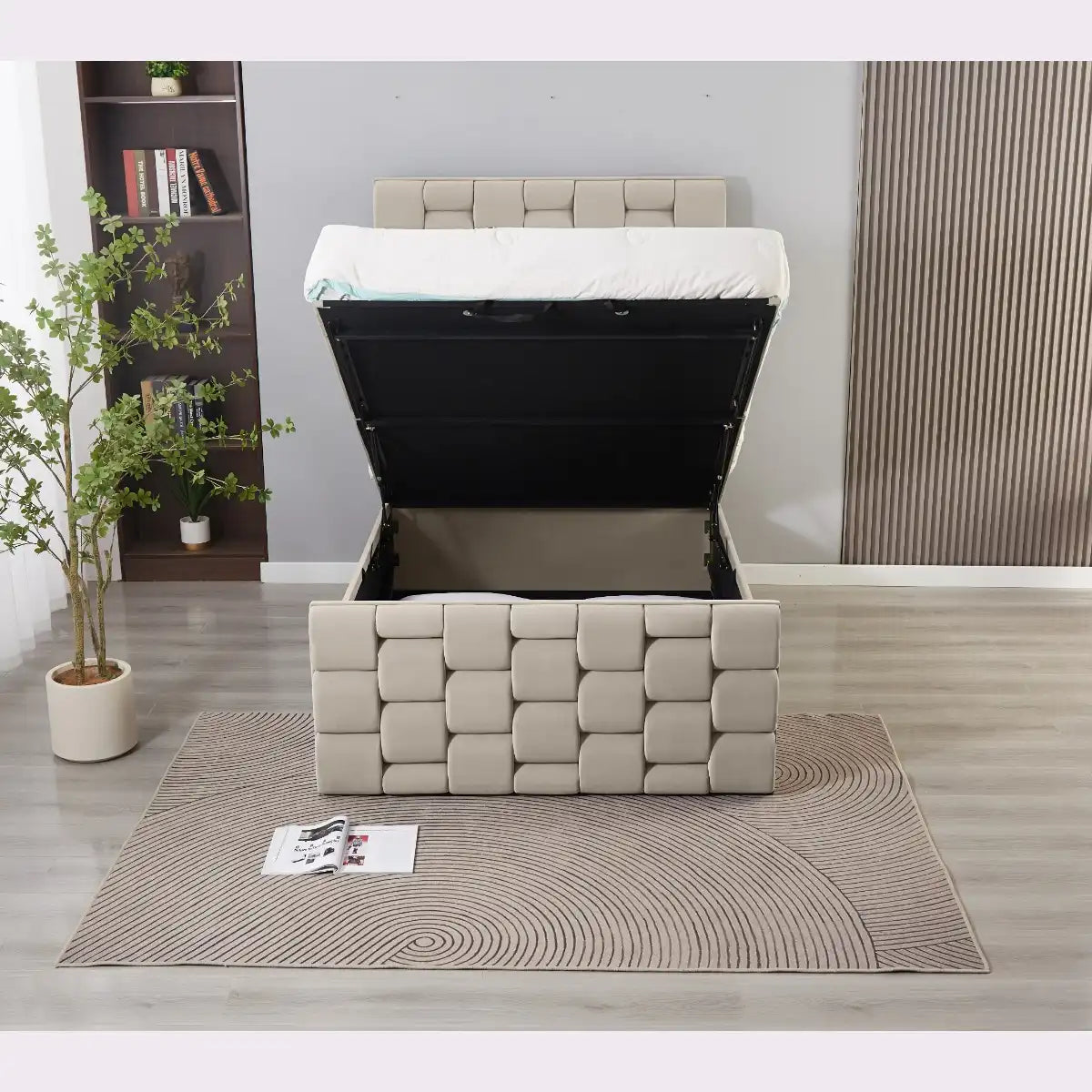 cream bed ottoman lifted to show storage