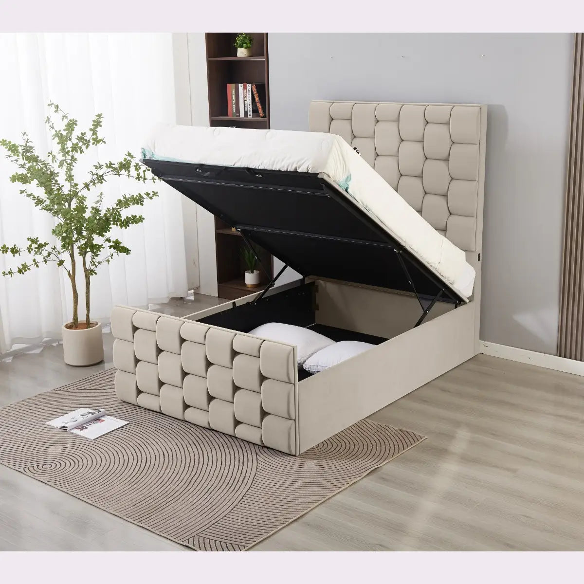space saving double bed with storage in cream colour