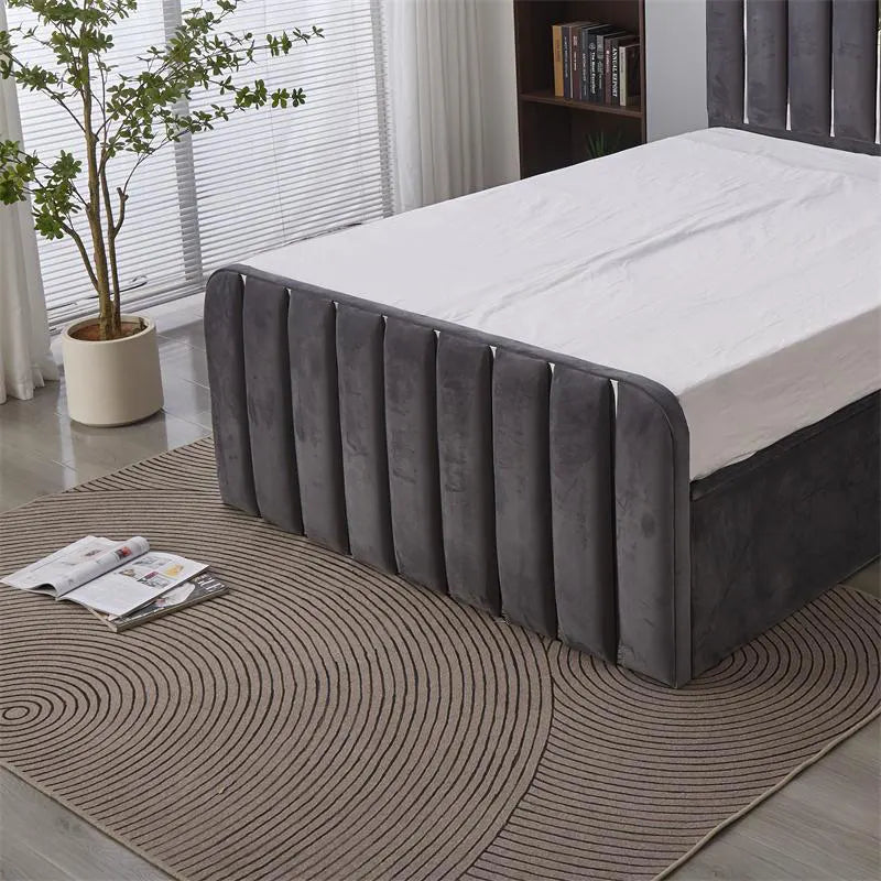 grey double bed with storage