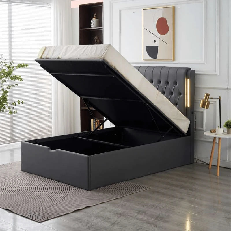 grey led bed with storage