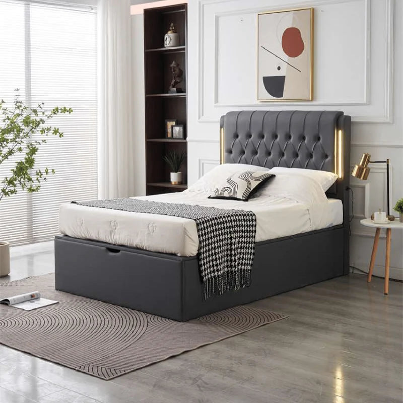 grey velvet bed with storage