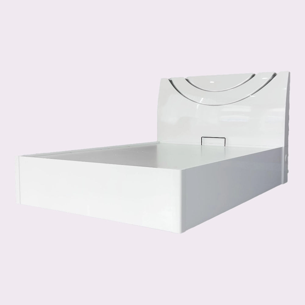 white double bed with storage ottoman